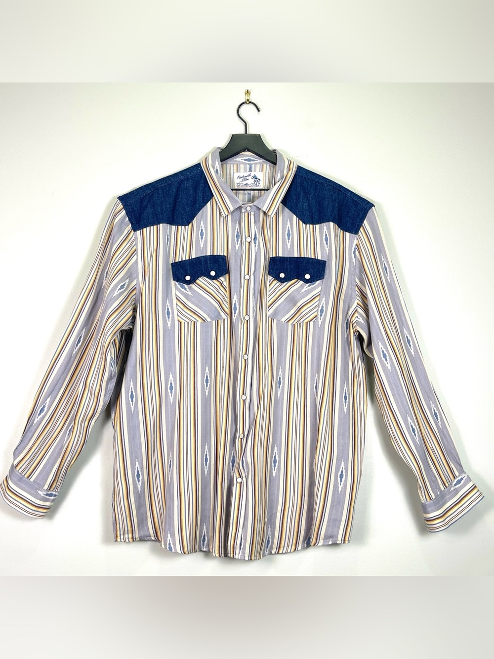 PANHANDLE SLIM Men's Western Wear Shirt Pearl Snaps Denim Accents Aztec Size XXL